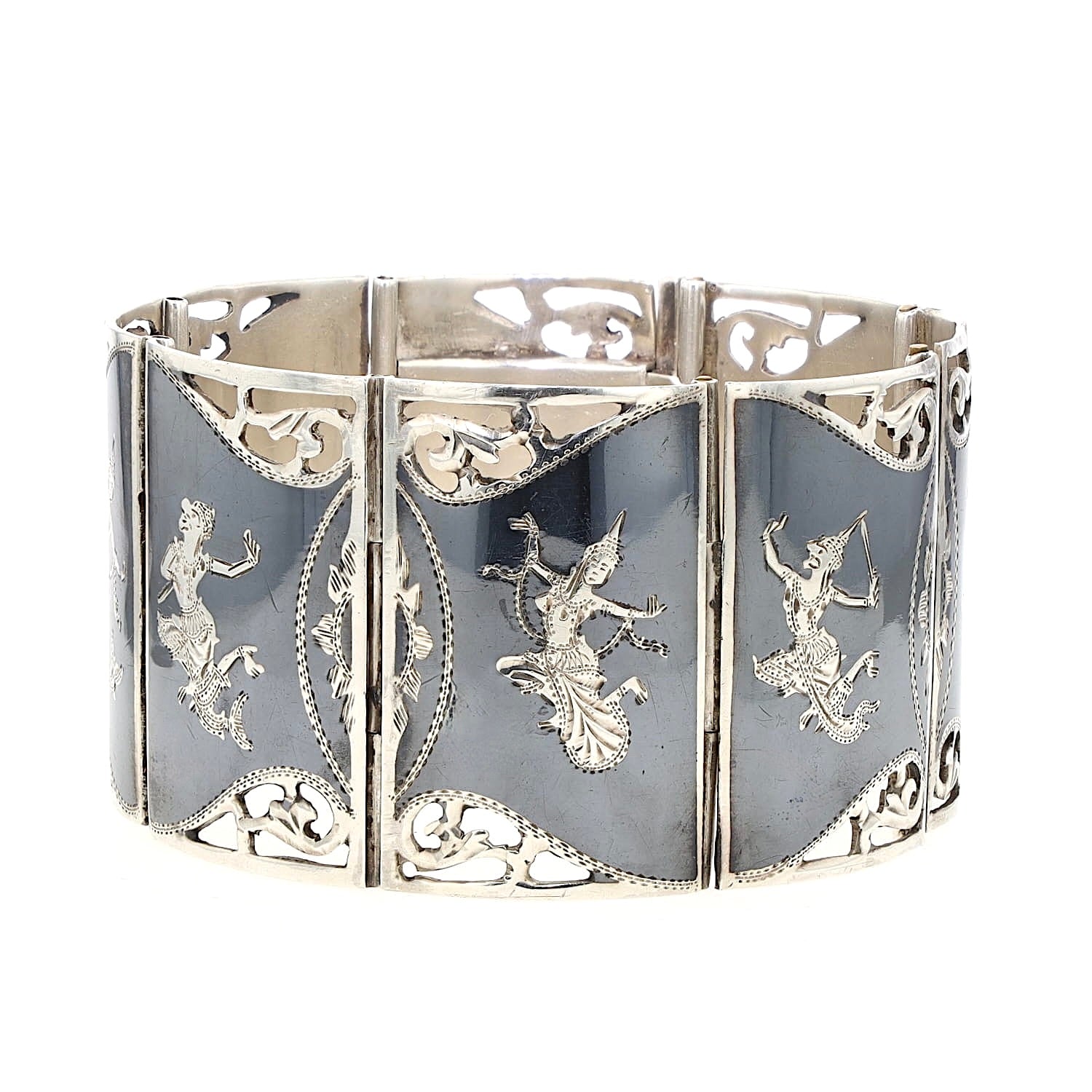 Breites Vintage Armband Sterling Silber Siam Niello, stehend geschlossen leicht rechts gedreht