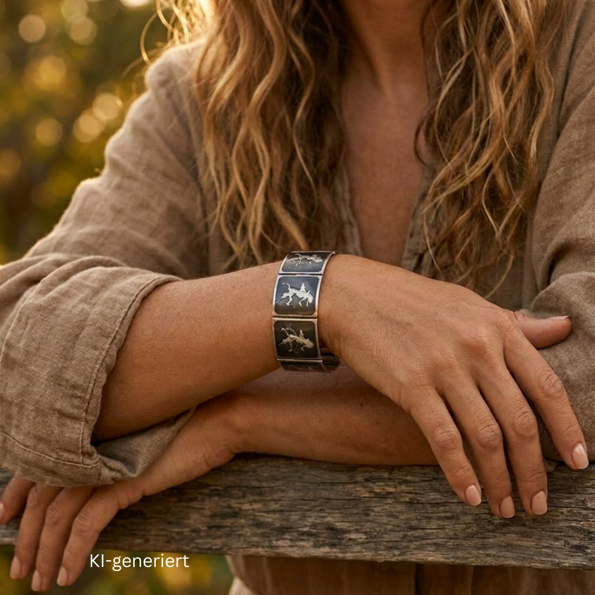 Vintage bracelet sterling silver Siam Niello, on the wrist of an AI-generated woman in boho style