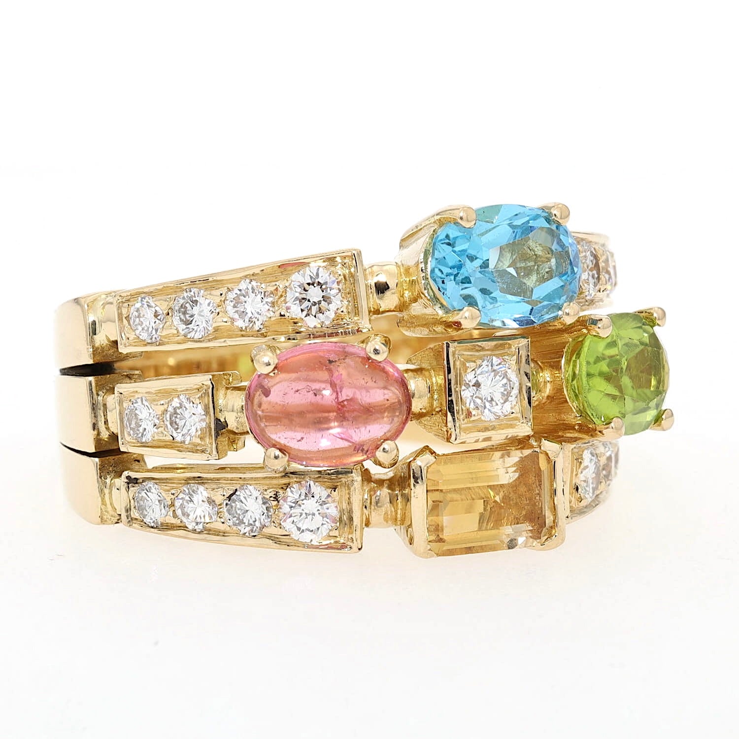 Italian ring in 750 yellow gold with Brilliants, Topaz, peridot, citrine and tourmaline, turned lying on the right