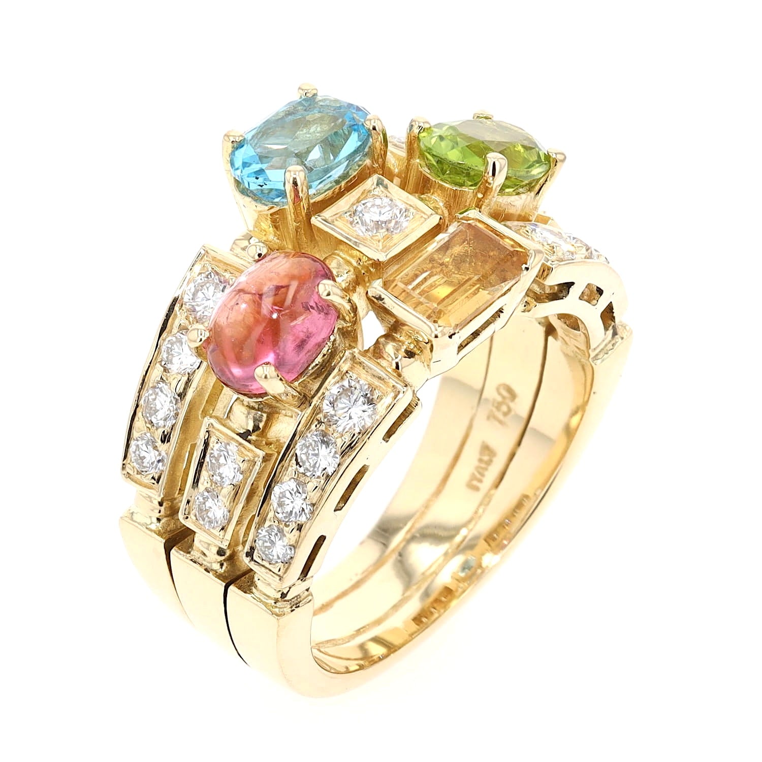Italian ring in 750 yellow gold with Brilliants, Topaz, peridot, citrine and tourmaline, standing