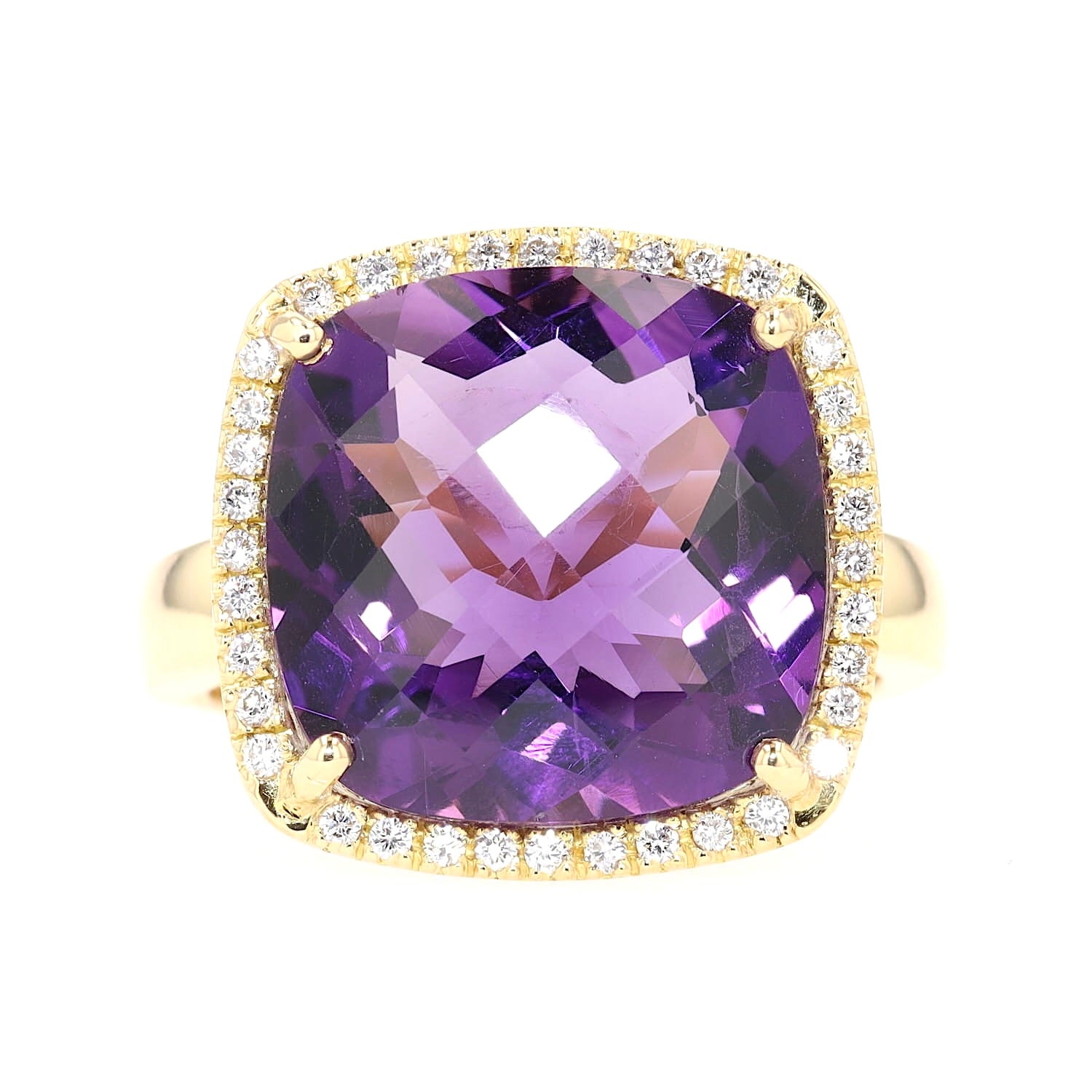 Großer italienischer Ring in 750er Gelbgold mit einem Amethyst und Brillanten, liegend frontal