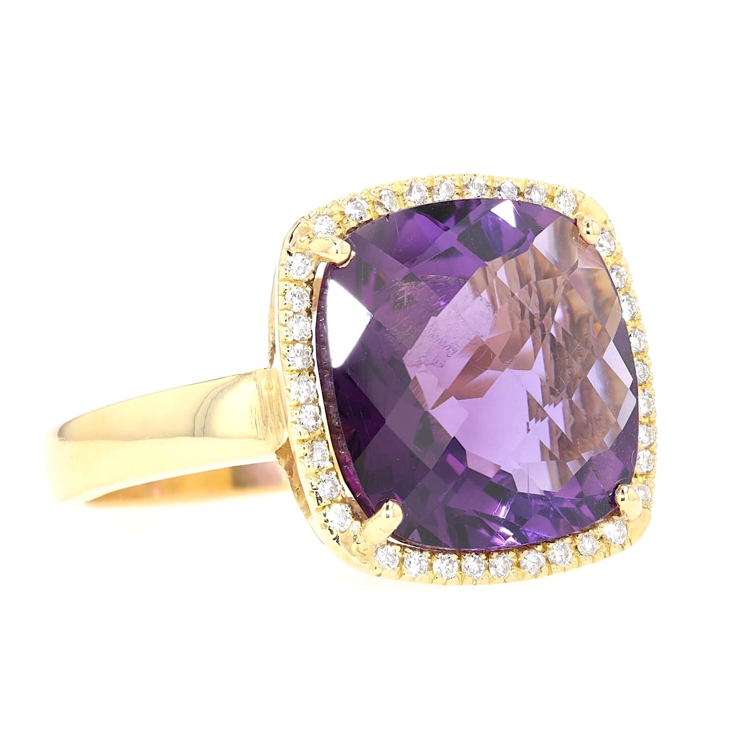 Großer italienischer Ring in 750er Gelbgold mit einem Amethyst und Brillanten, liegend rechts gedreht