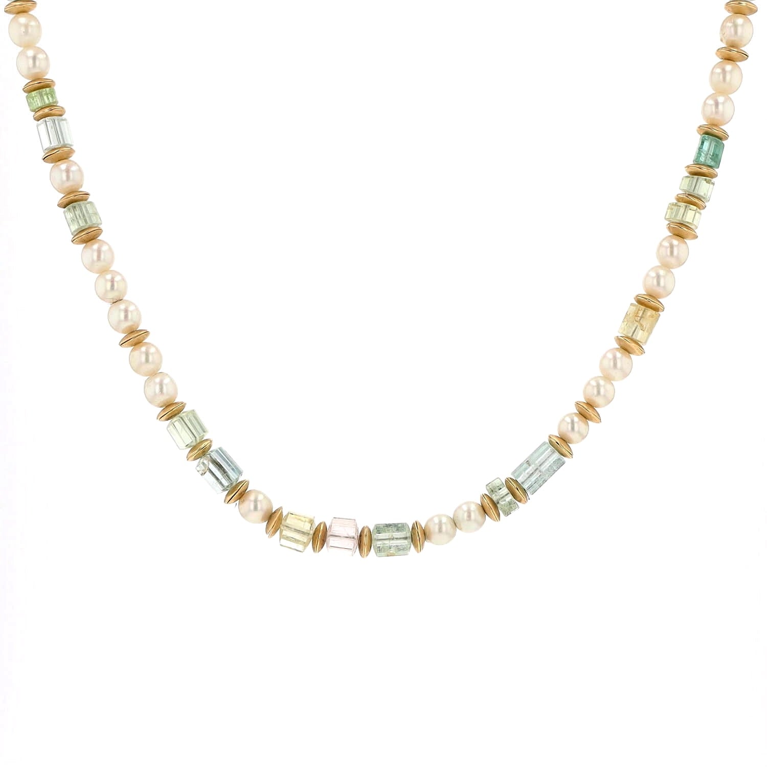 Zuchtperlenkette mit Elementen aus 750er Gelbgold und Aquamarinen auf Stahlseil, hängend frontal