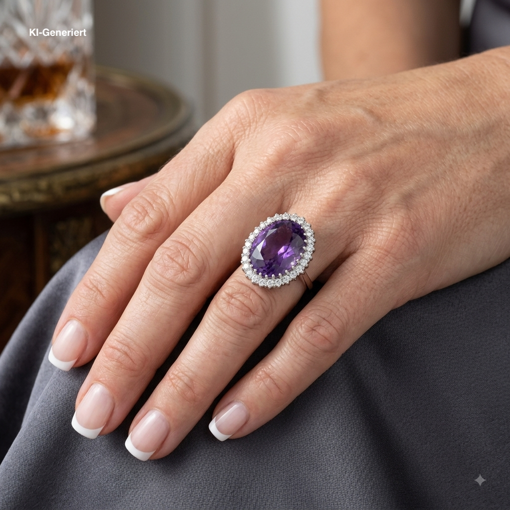 Cocktail ring in 750 white gold with an amethyst and Brilliants, on an AI-generated woman's hand