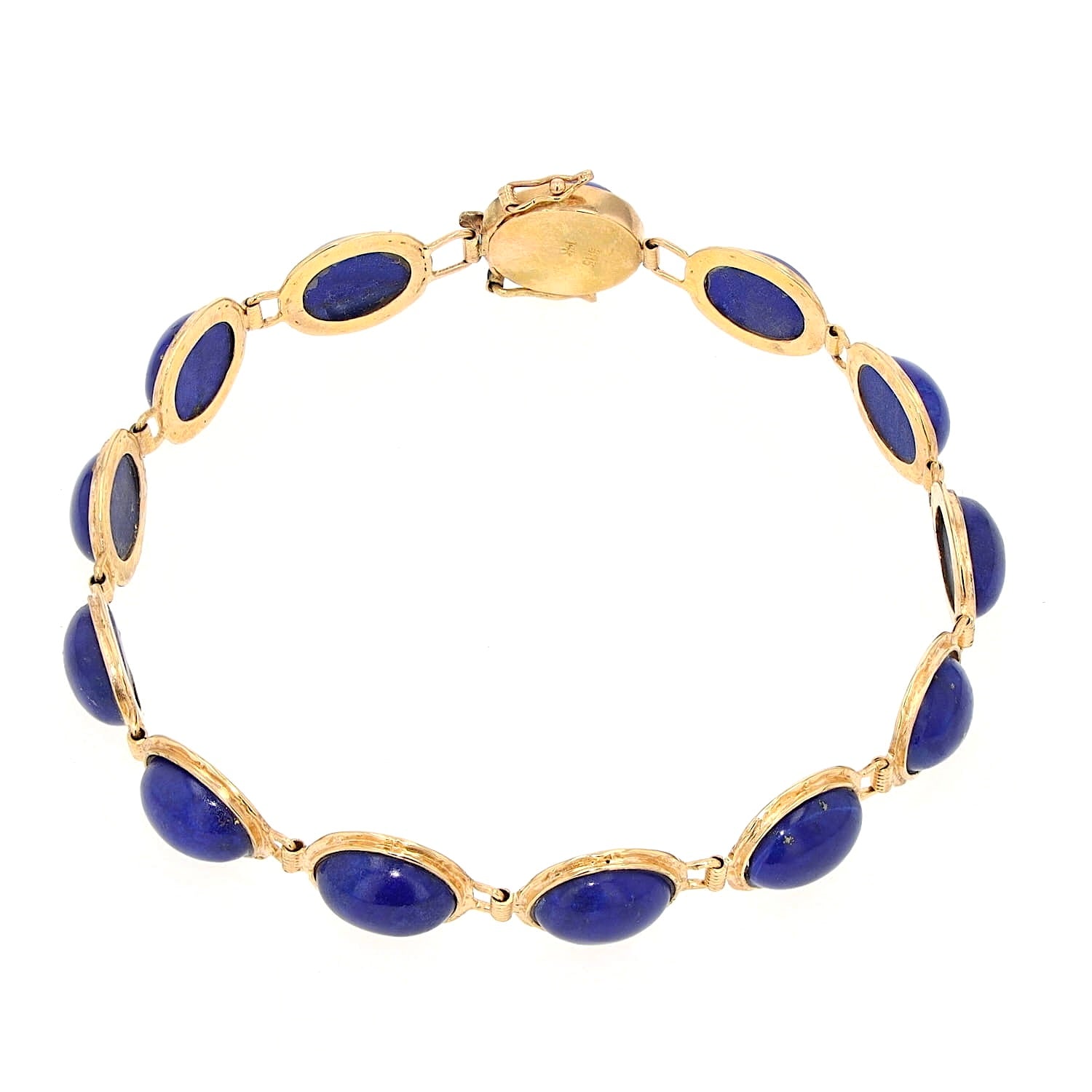 Bracelet in 585 yellow gold with cabochon-cut lapis lazuli, closed slanted top view