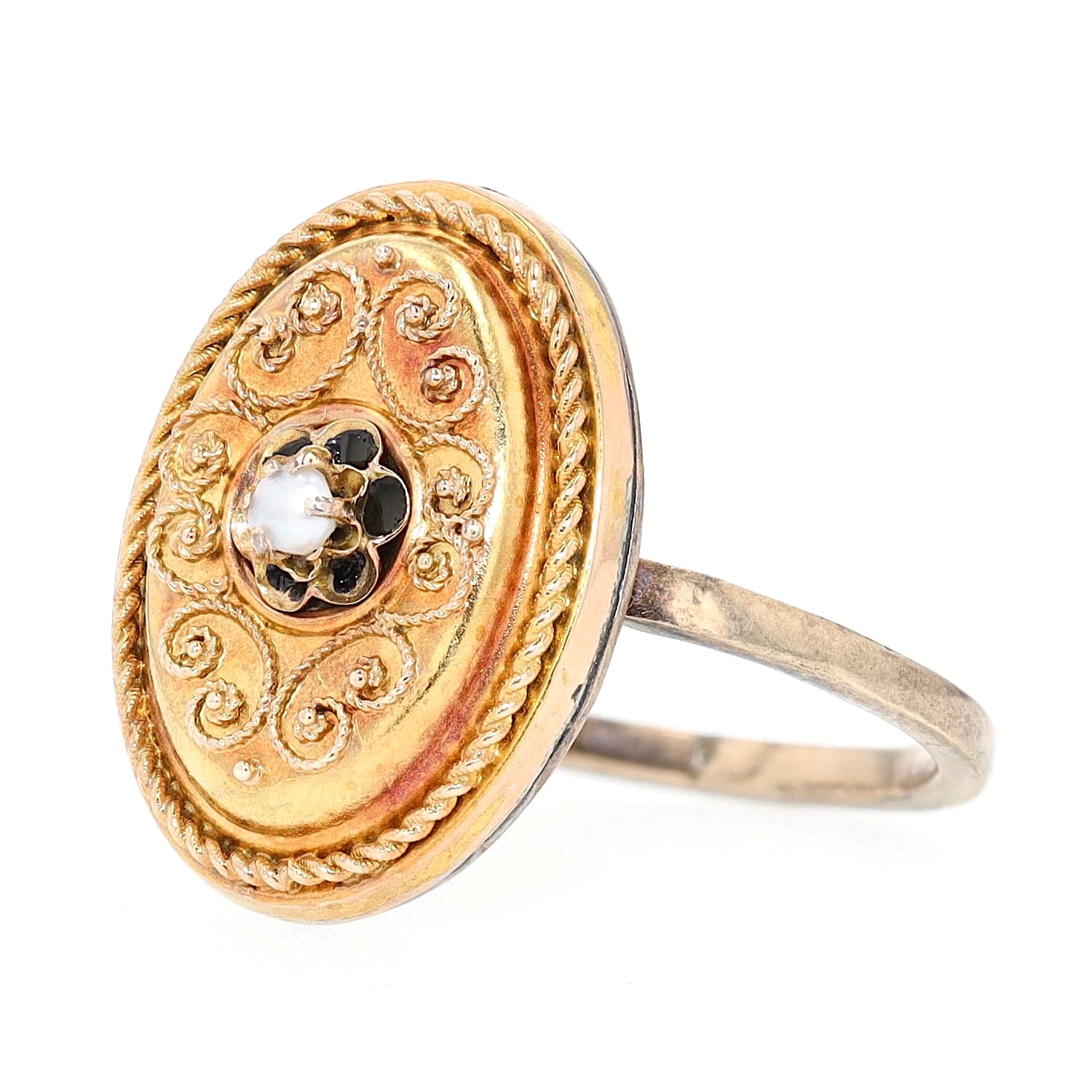 Antiker Ring um 1900 aus 333er Gold und vergoldet mit einer Saatperle, liegend links gedreht