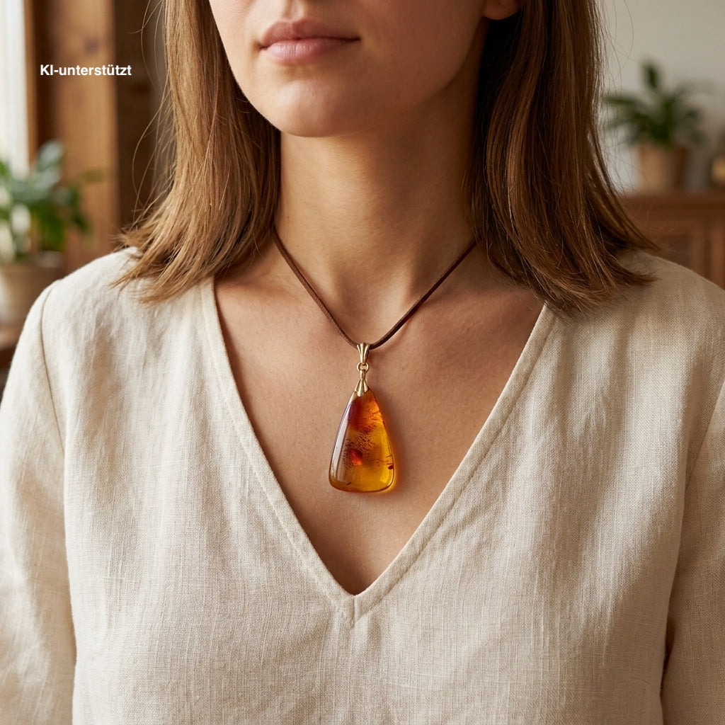 Amber pendant with a setting made of 835 silver, gold-plated, on the neckline of an AI-generated woman