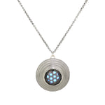 Vintage chain made of 925 silver with a Danish pendant made of pewter with a blue glass stone, hanging frontally