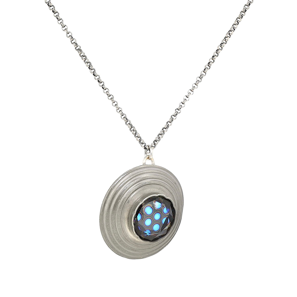 Vintage chain made of 925 silver with a Danish pendant made of pewter with a blue glass stone, hanging frontally slightly turned to the right