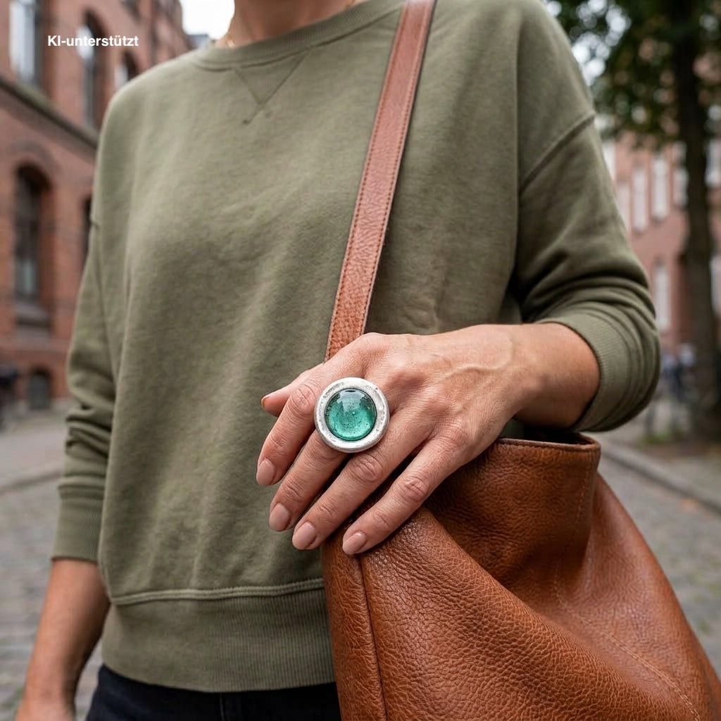 Statement ring made of pewter with a green glass stone, on the hand of an AI-genered woman