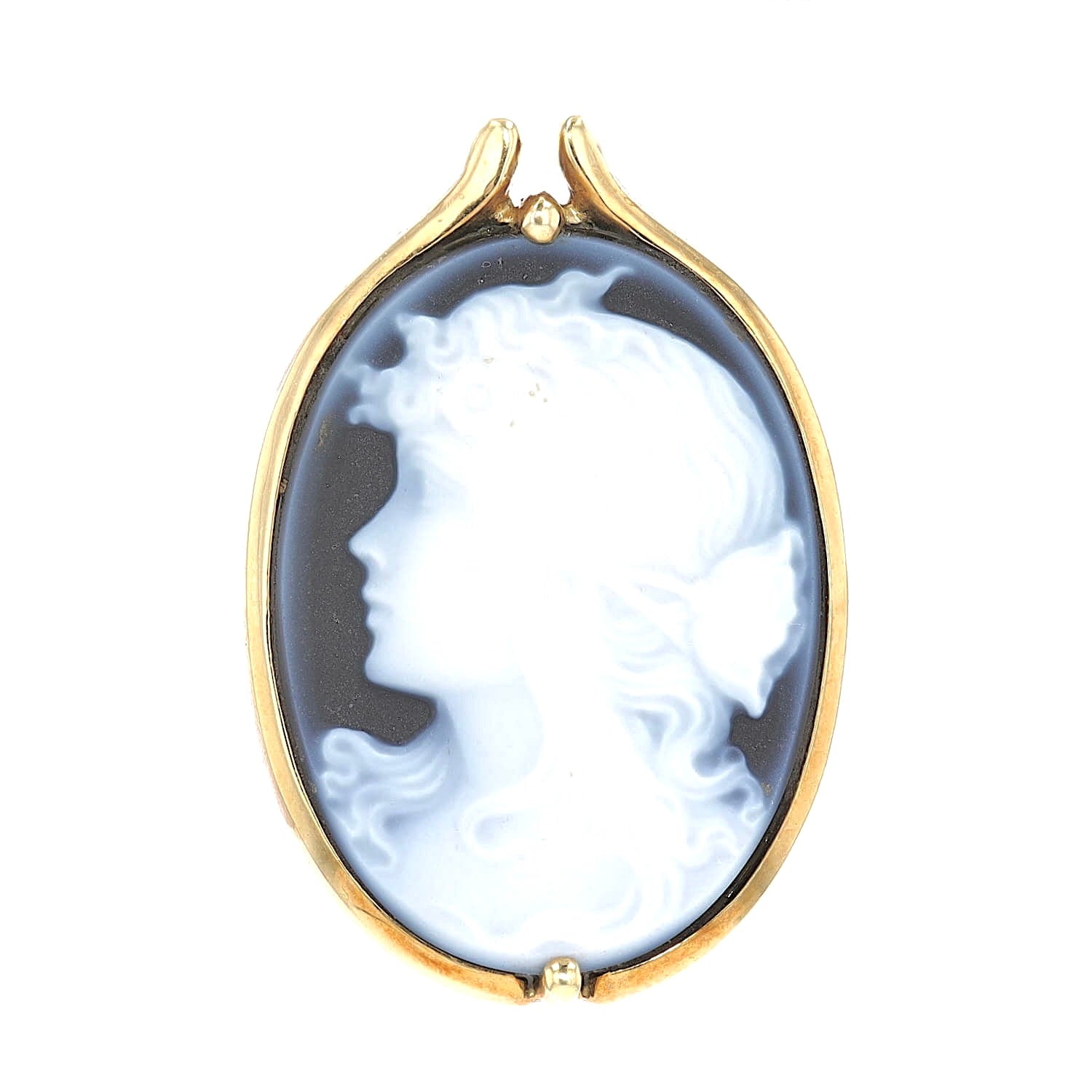 trailer/brooch in 585 yellow gold with an agate gem, hanging frontally