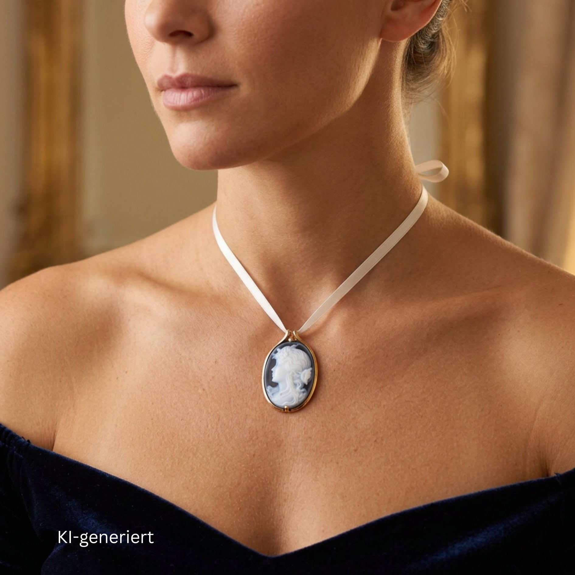 trailer/brooch in 585 yellow gold with an agate gem, on an AI-generated woman in a shoulder-free evening dress