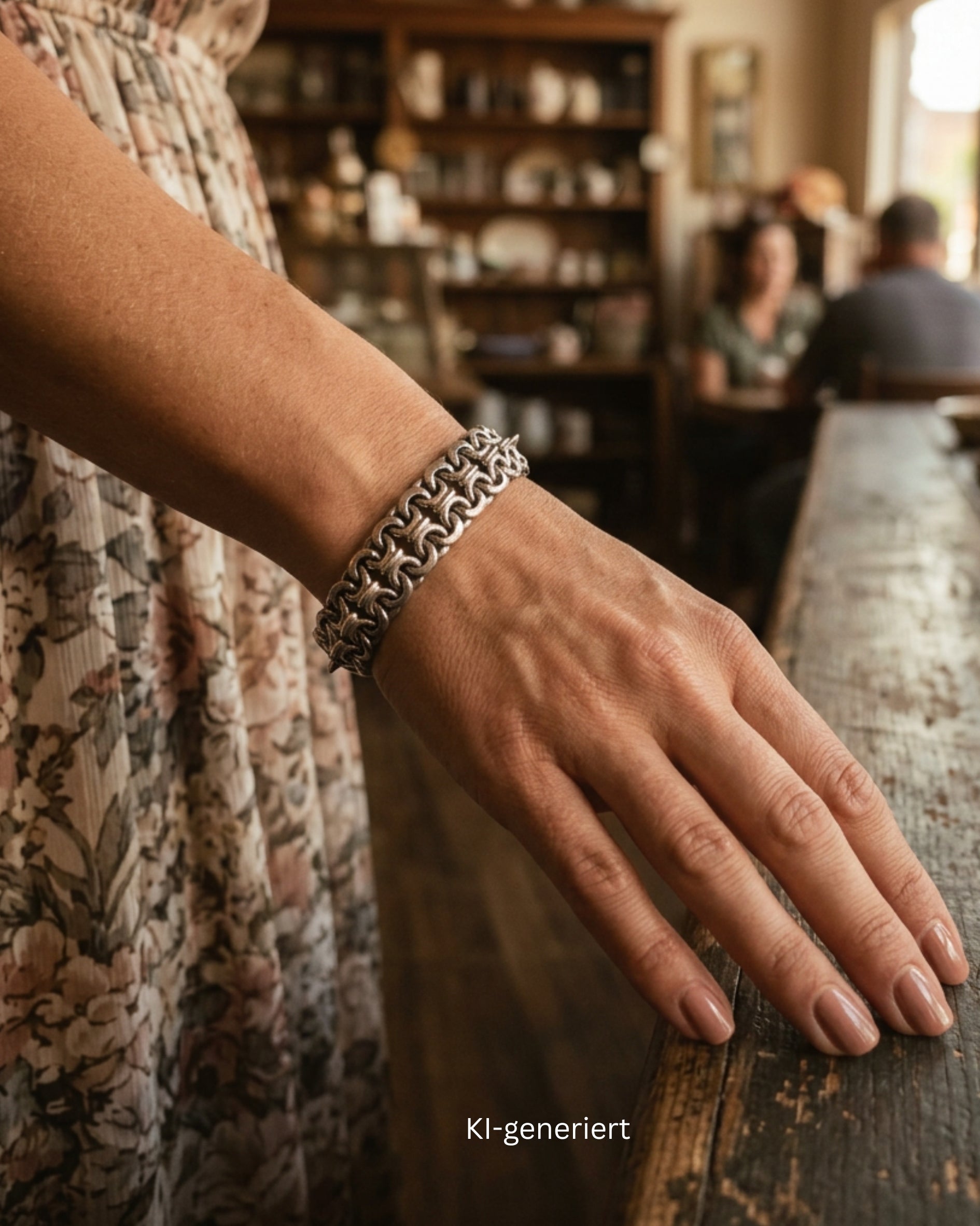 Vintage Armband Mexico in 925er Silber, am Handgelenk einer Ki-genrierten Frau