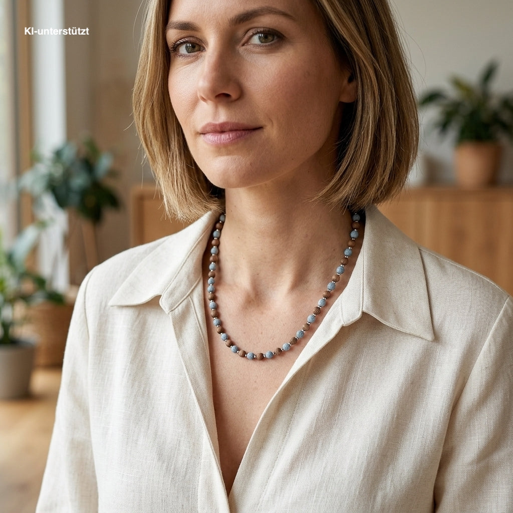 Kette aus Holz, gefärbter Wurzelkoralle und Metallkugeln, an einer KI-generierten Frau