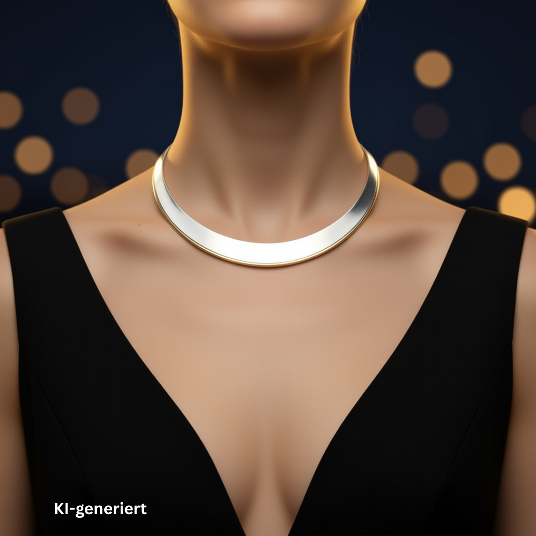 Halsreif in 925er Silber mit Vergoldung, am Hals einer KI-generierten eleganten Frau