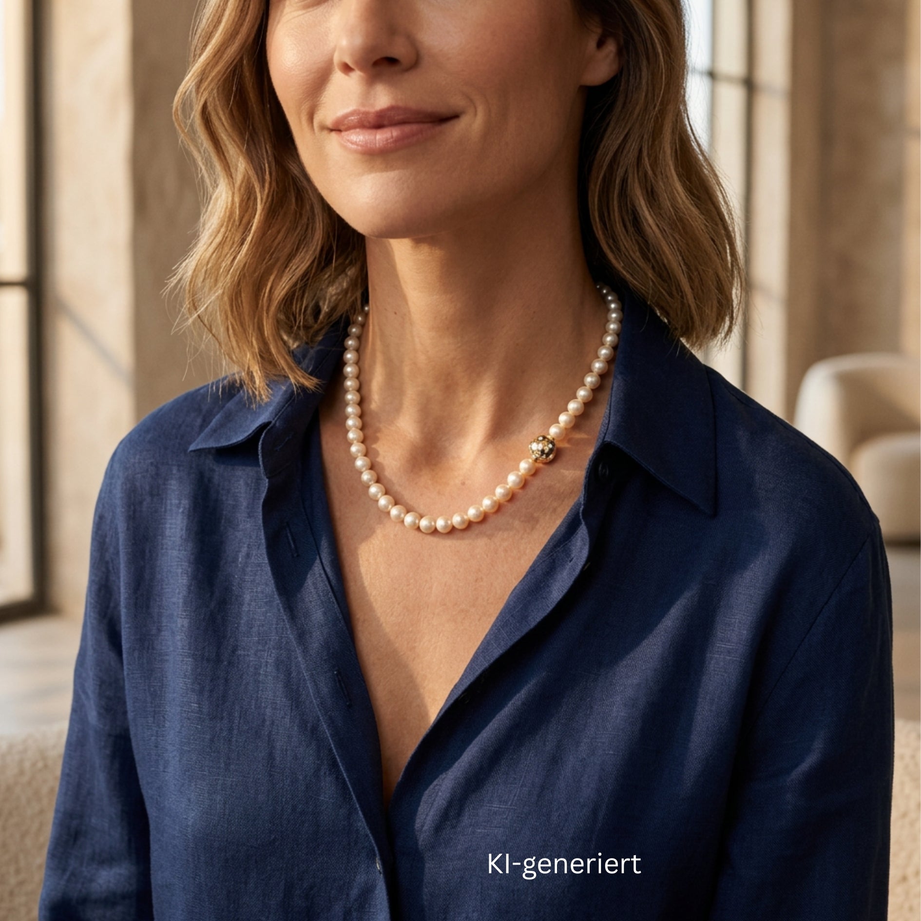 Akoya-Zuchtperlenkette mit einem Schloss aus 585er Gelbgold mit Brillanten, an einer KI-generierten Frau mit blauer Bluse
