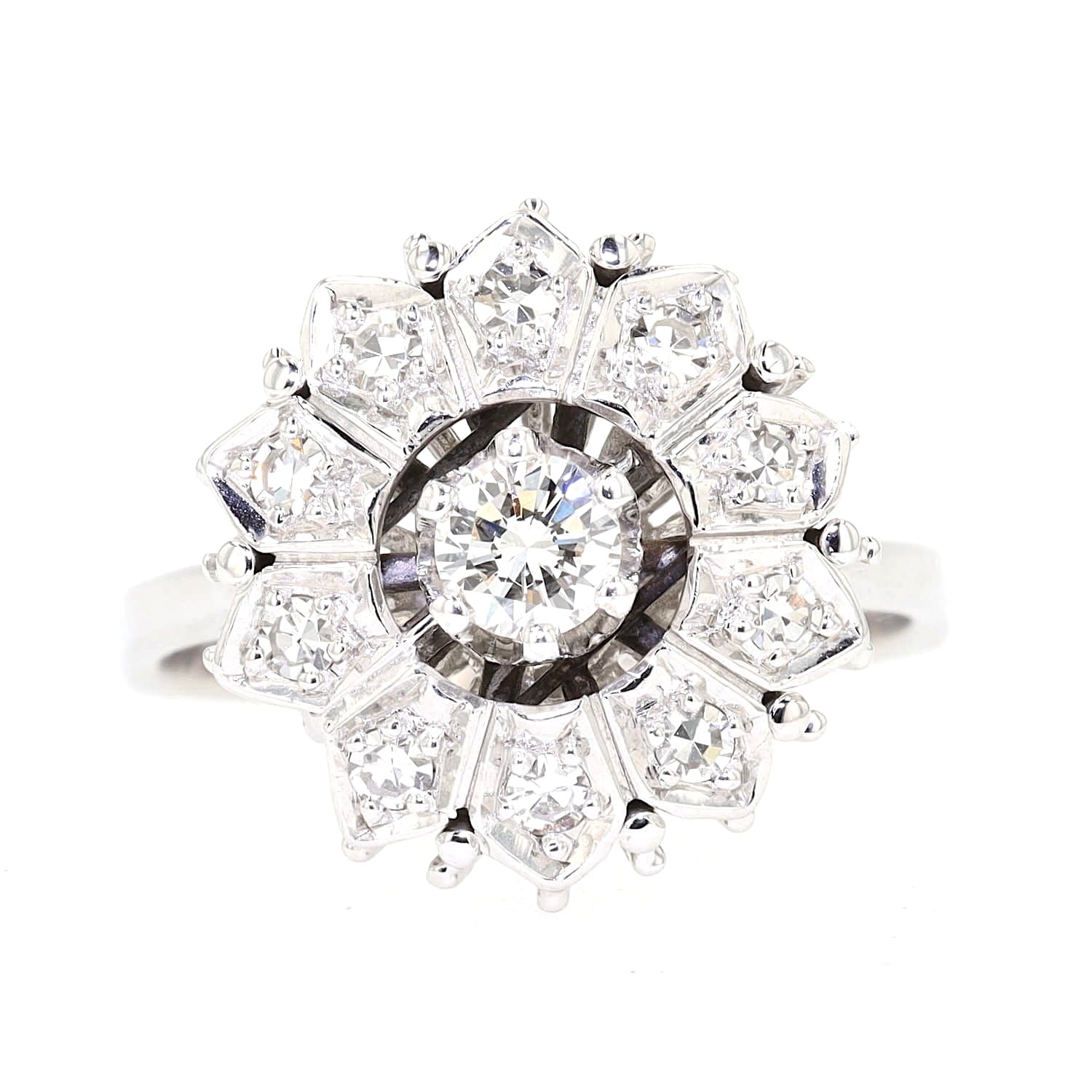 Marguerite-Ring in 585er Weißgold mit Brillanten und Diamanten, liegend frontal
