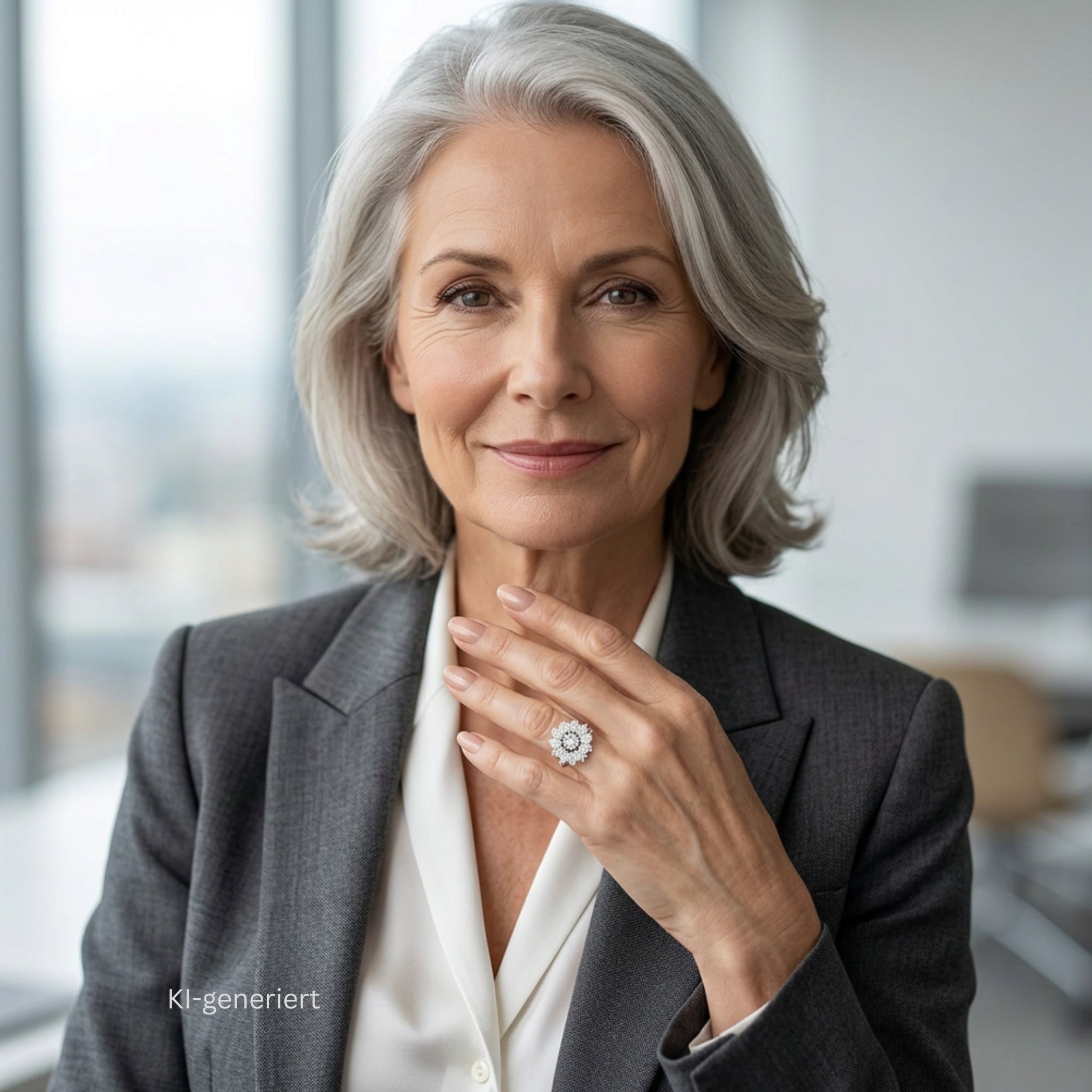 Marguerite-Ring in 585er Weißgold mit Brillanten und Diamanten, an einer KI-generierten Frau im Business-Look um die 60