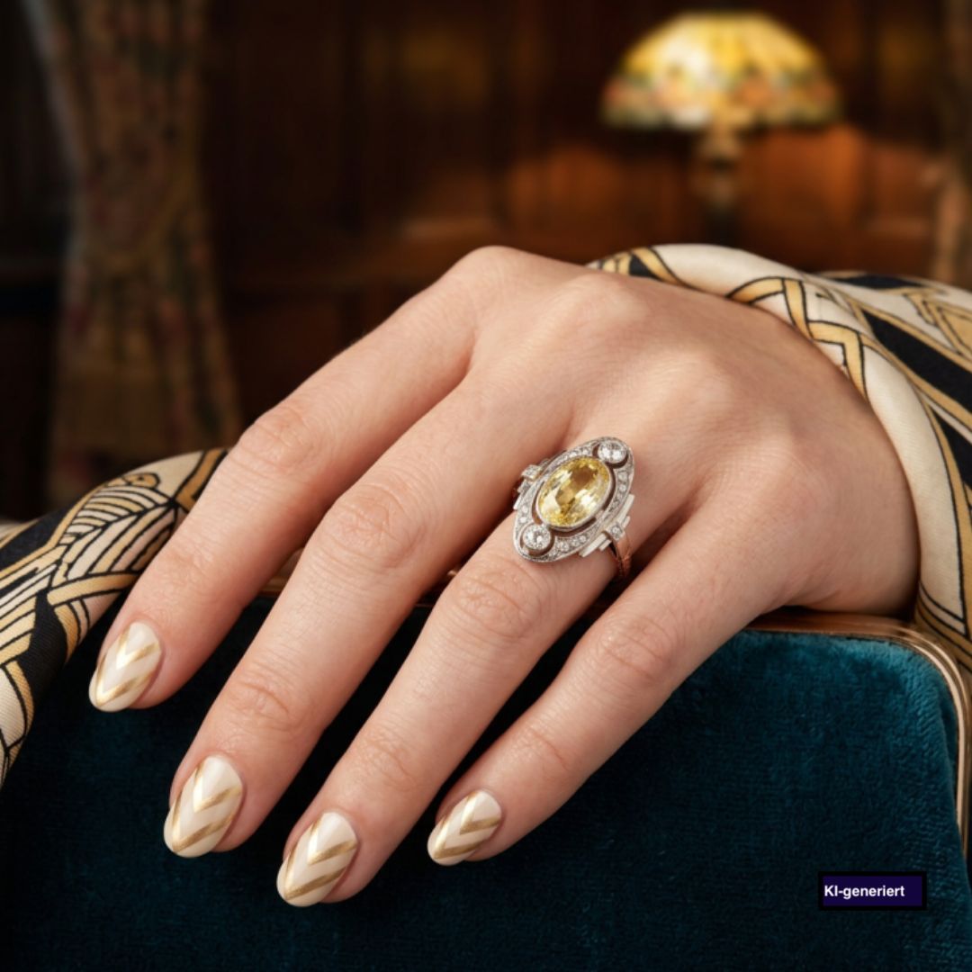 Art Déco Ring in 585er Gelbgold und Silberauflage mit einem natürlichen gelben Saphir mit ca. 3,6 ct und insgesamt ca. 0,4 ct Diamanten, an einem Ringfinger KI-generiert