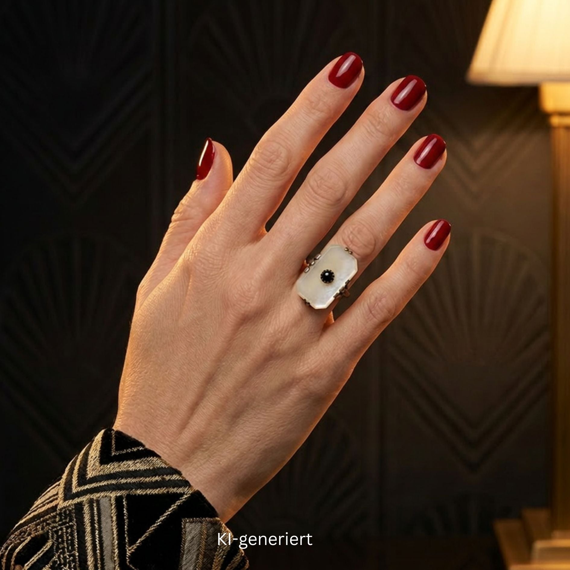 Art Deco ring in 830 silver with a chalcedony plate and a round onyx, on a Ki-generated woman's hand with red nails