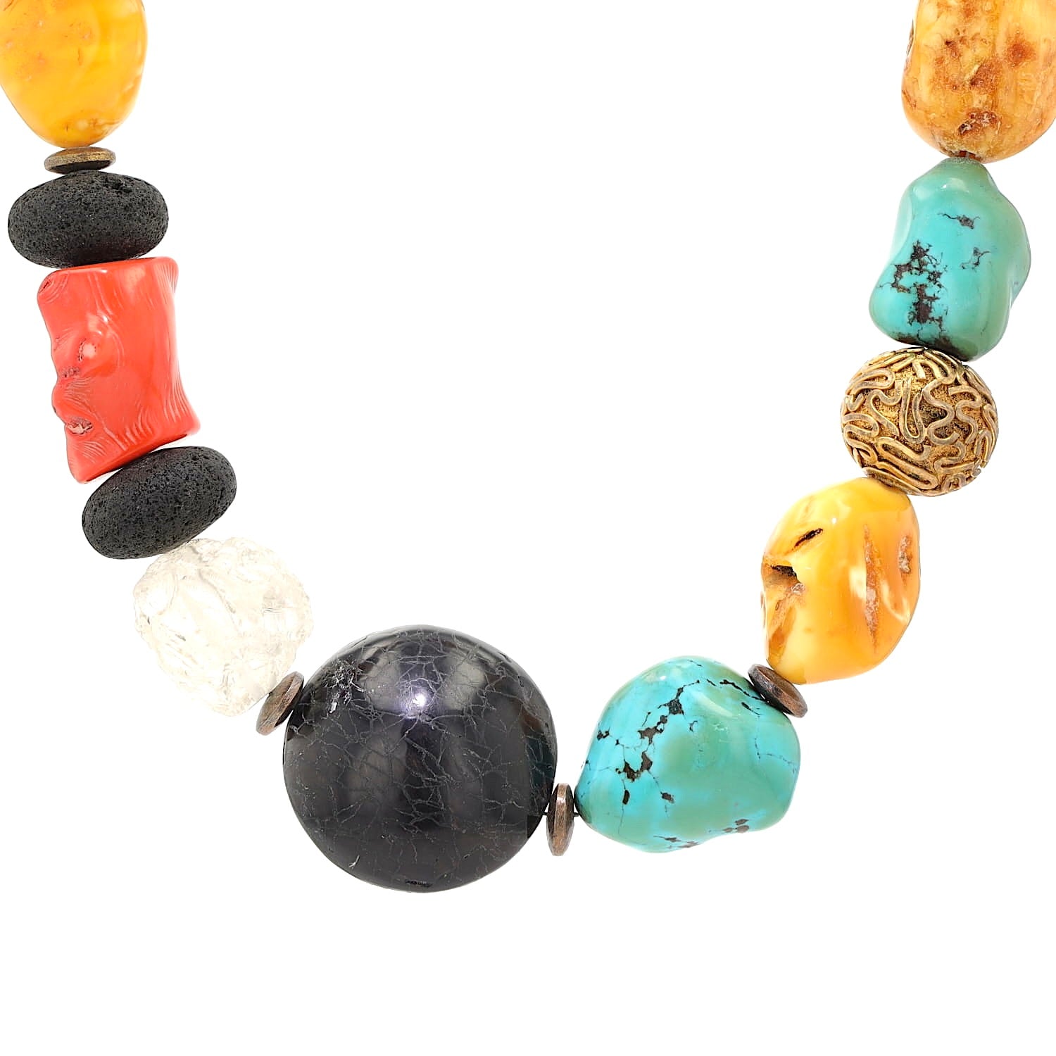 Große Edelsteinkette aus Bernstein, Wurzelkoralle, Bergristall, Bernstein, Türkis und Rhodochrosit mit Elementen aus Silber vergoldet, hängend frontal