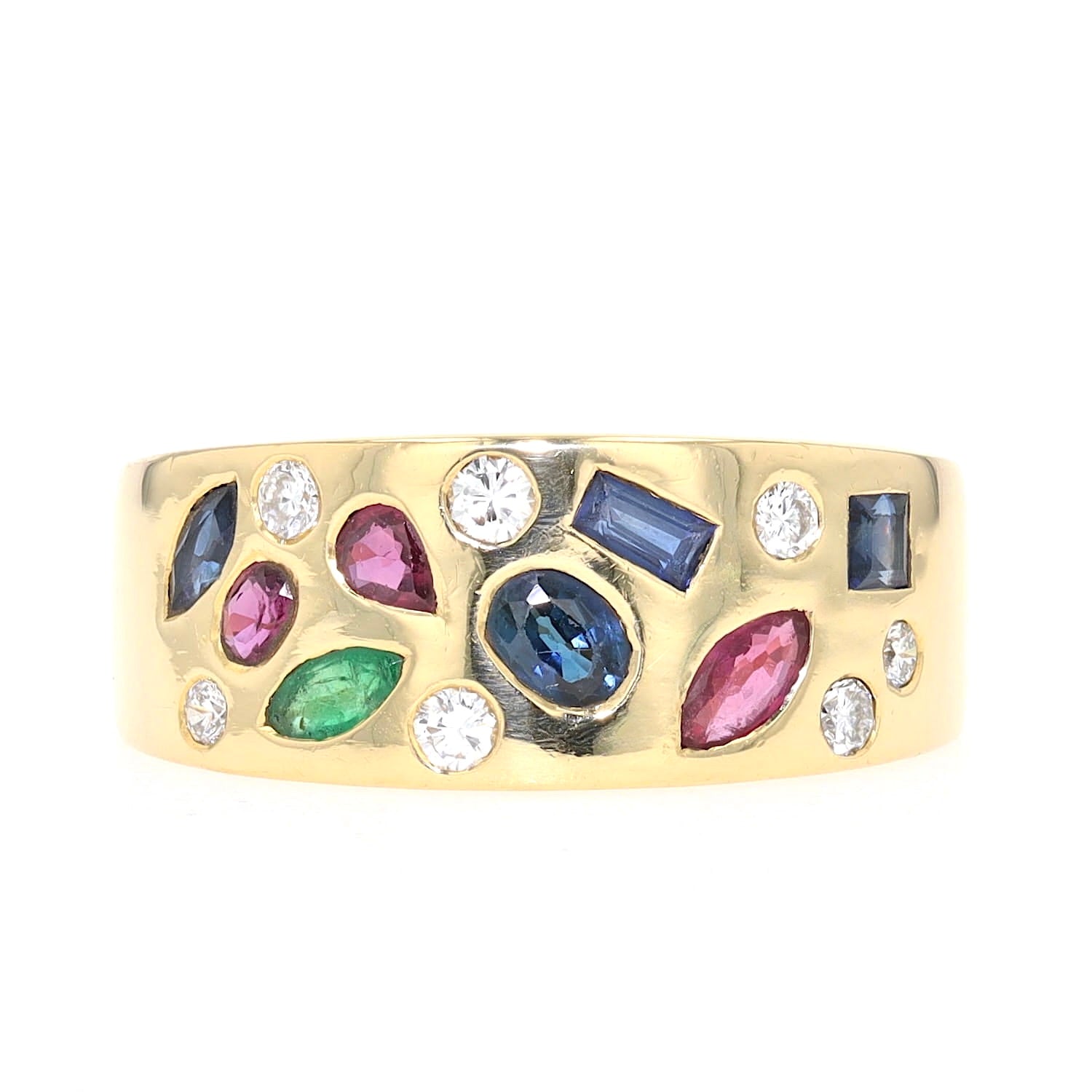 Ring in 750 yellow gold Brilliants, sapphires, rubies and an emerald, lying frontally