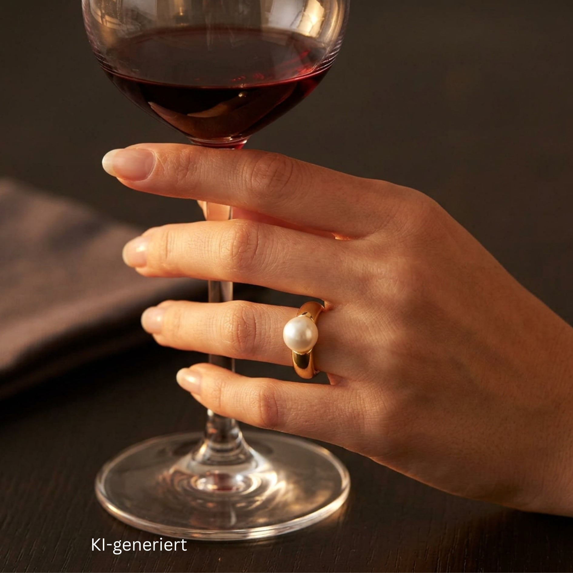 Niessing Ring in 750er Gelbgold mit einer Südsee-Zuchtperle, Ki-generiert an der Hand einer Frau die ein Rotweinglas hält