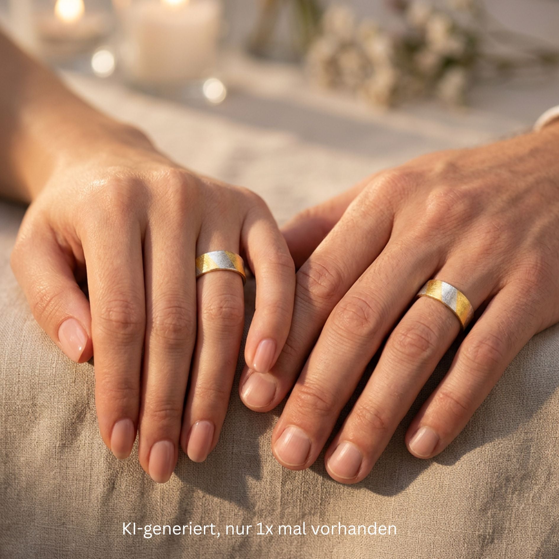 Niessing ring in 950 platinum with 1000 gold plating, on Ki-genried hands of a woman and a man