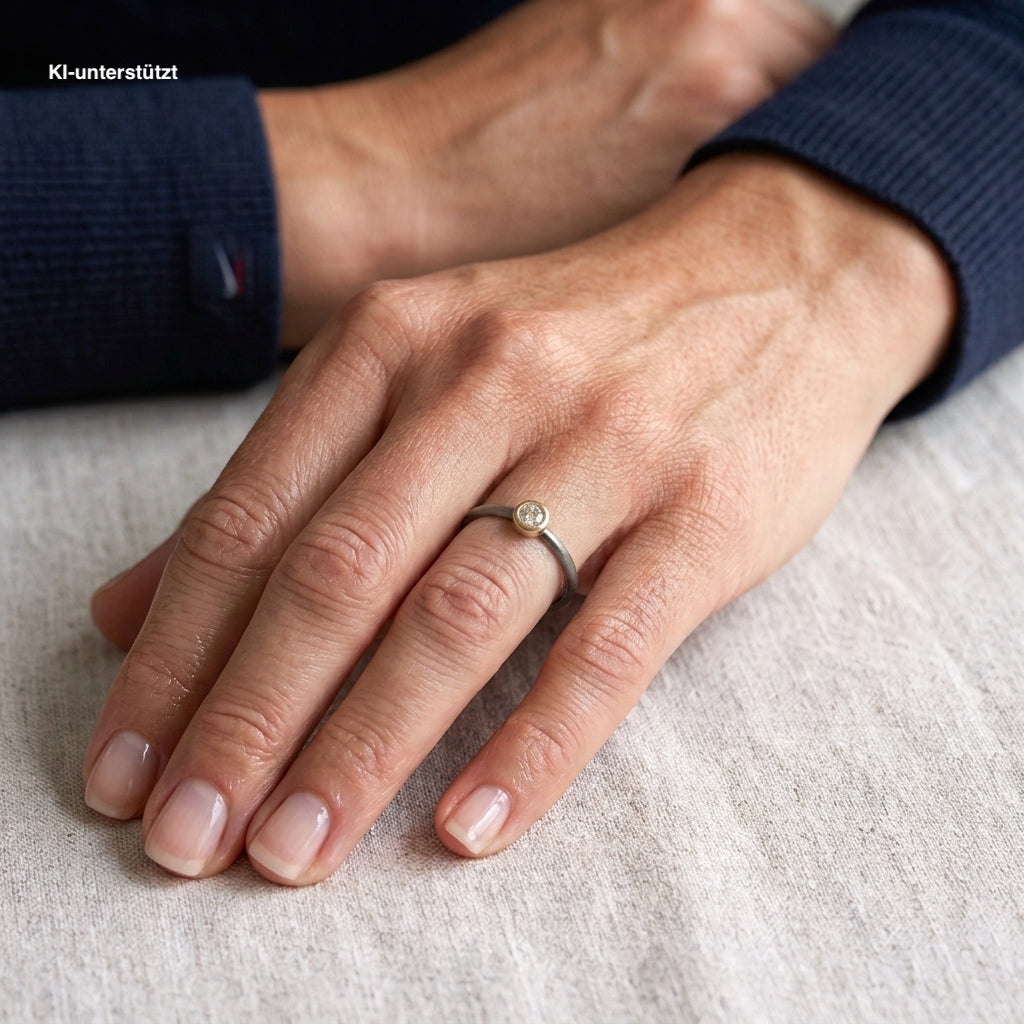 Ring in 950 platinum and 585 yellow gold with a brilliant, on an AI-generated woman's hand