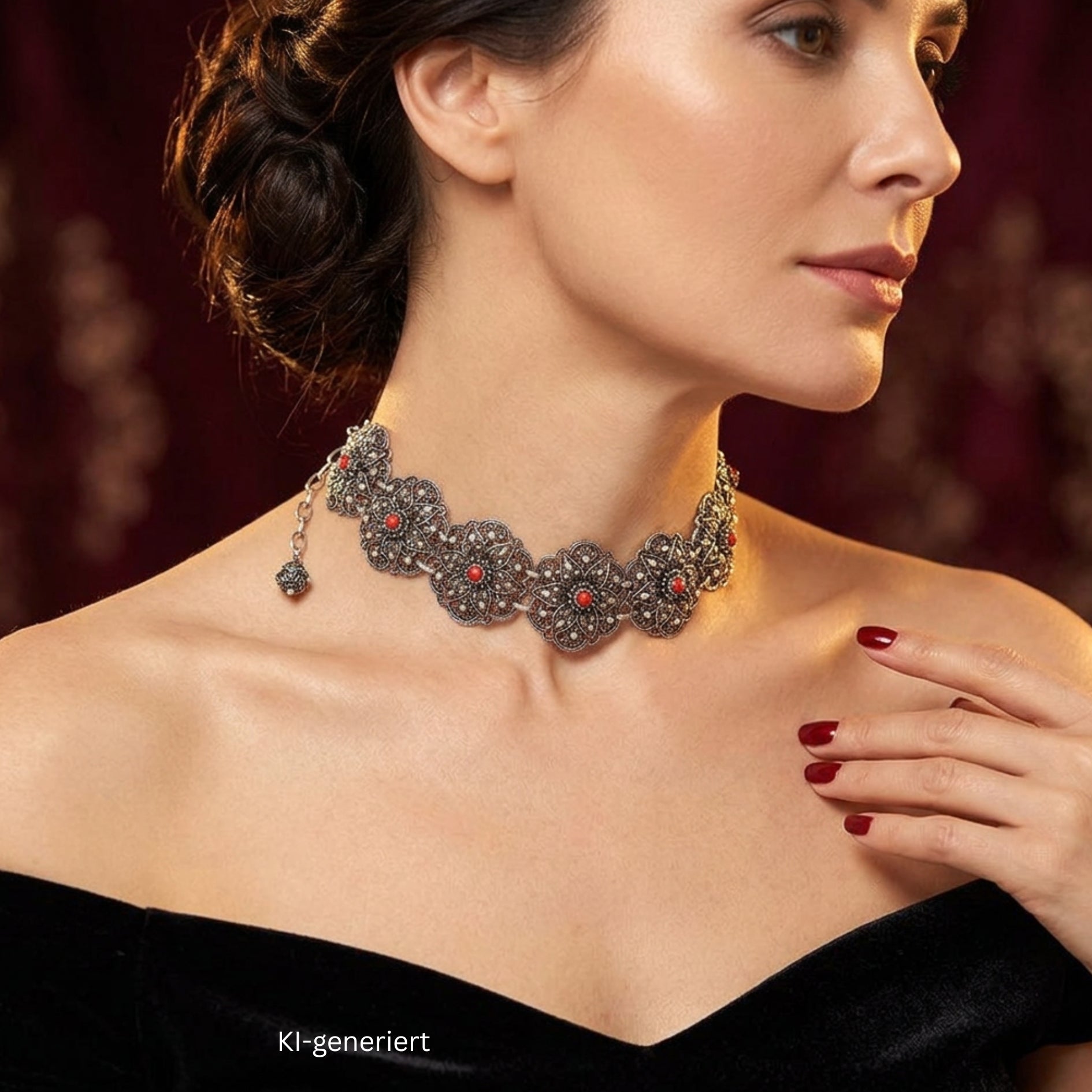 Short traditional jewelry necklace/collar in 925 silver with imitation coral, on a Ki-generated elegant woman in a black dress