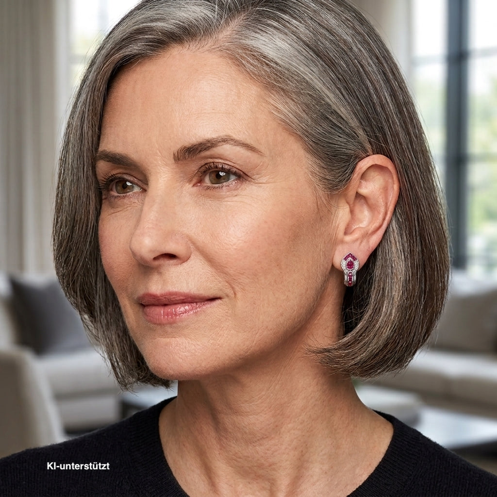 Pair of stud earrings in 750 white gold with rubies and Brilliants, on the ear of an AI-generated woman