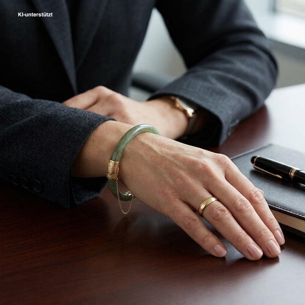 Bangle with jade elements and 585 yellow gold, on the wrist of an AI-generated woman