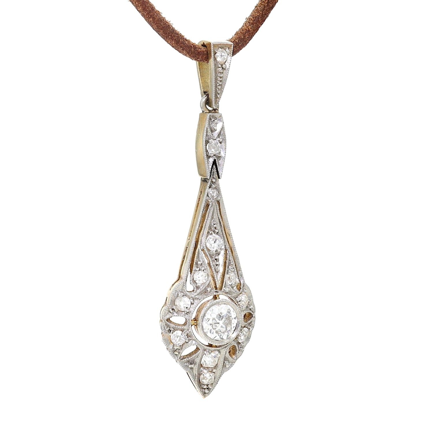 Art Deco pendant in 585 yellow gold, platinum-plated with diamonds, hanging turned to the right