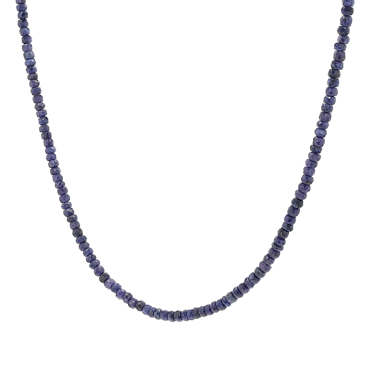 Gemstone necklace made of blue sapphires with a lock made of 925 silver, hanging frontally