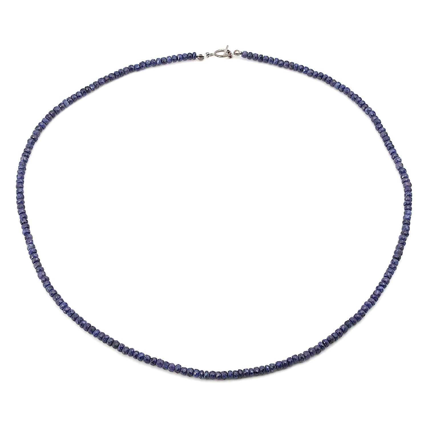 Gemstone necklace made of blue sapphires with a lock made of 925 silver, closed horizontally