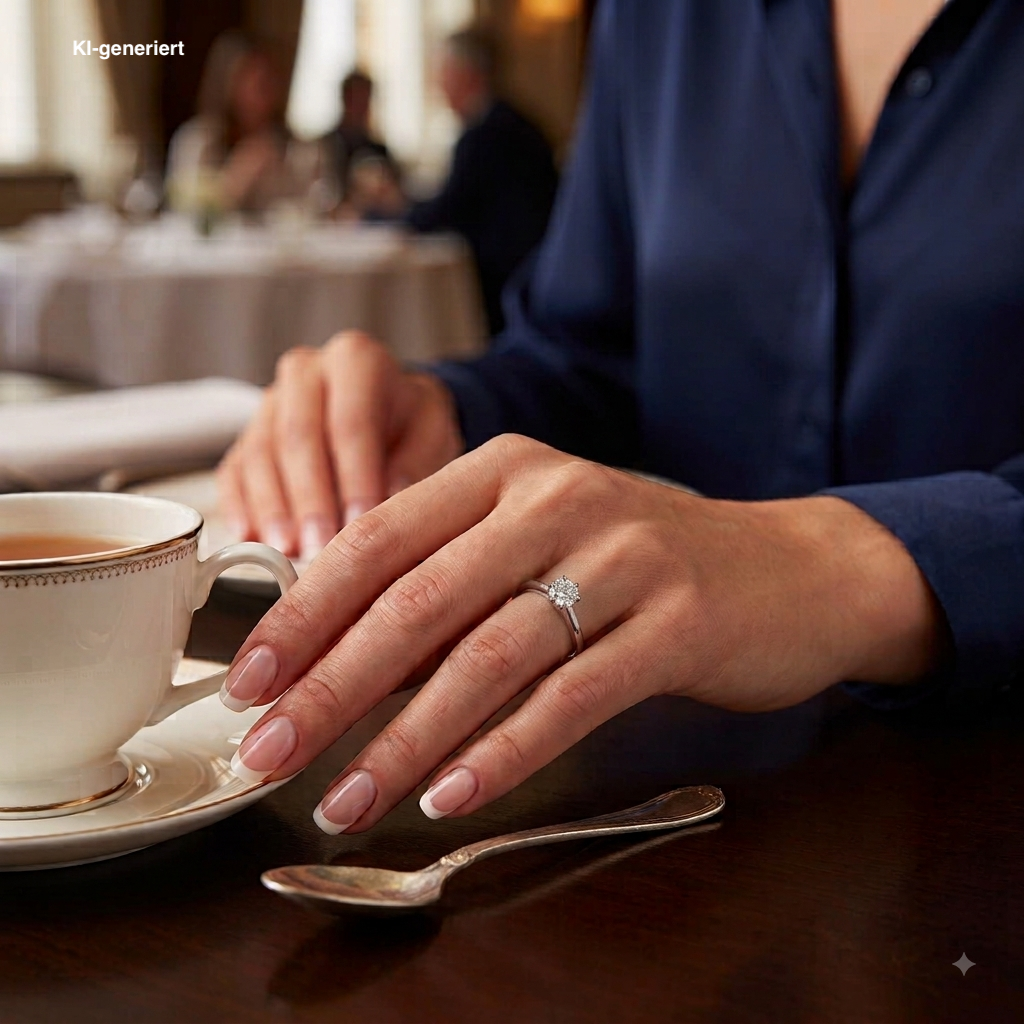 Solitaire ring in 750 white gold with a brilliant approx. 0.90 ct, on an AI-generated woman's hand