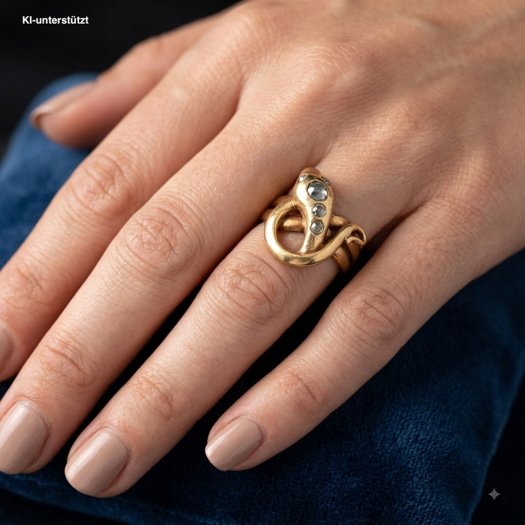 Antiker Schlangenring in 750er Gelbgold mit Diamanten, an einer KI-generierten Frauenhand