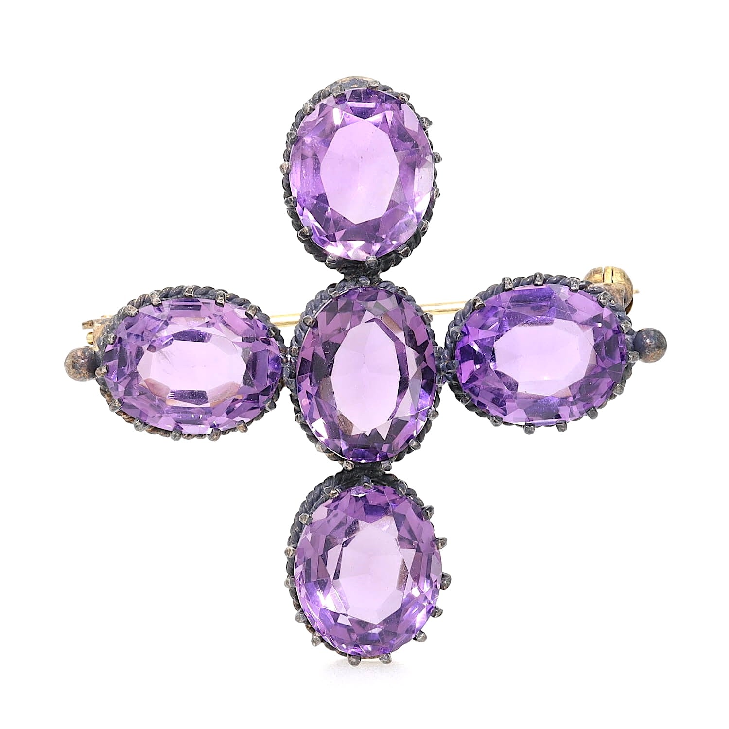 Viktorianische Brosche in Silber mit ca. 20 ct  Amethysten, stehend Frontal