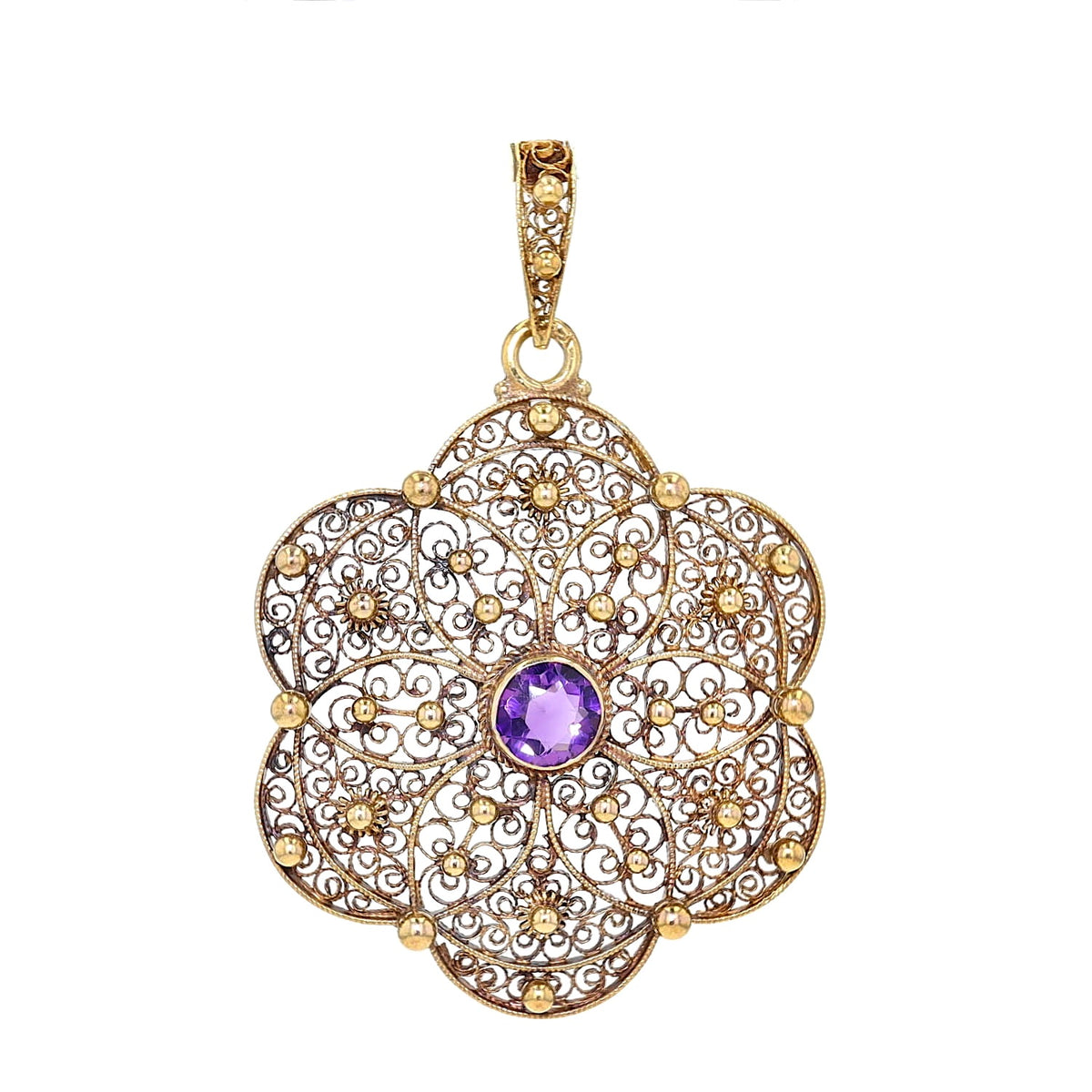 Jugendstil Anhänger in 585er Gelbgold mit einem Amethyst, hängend frontal