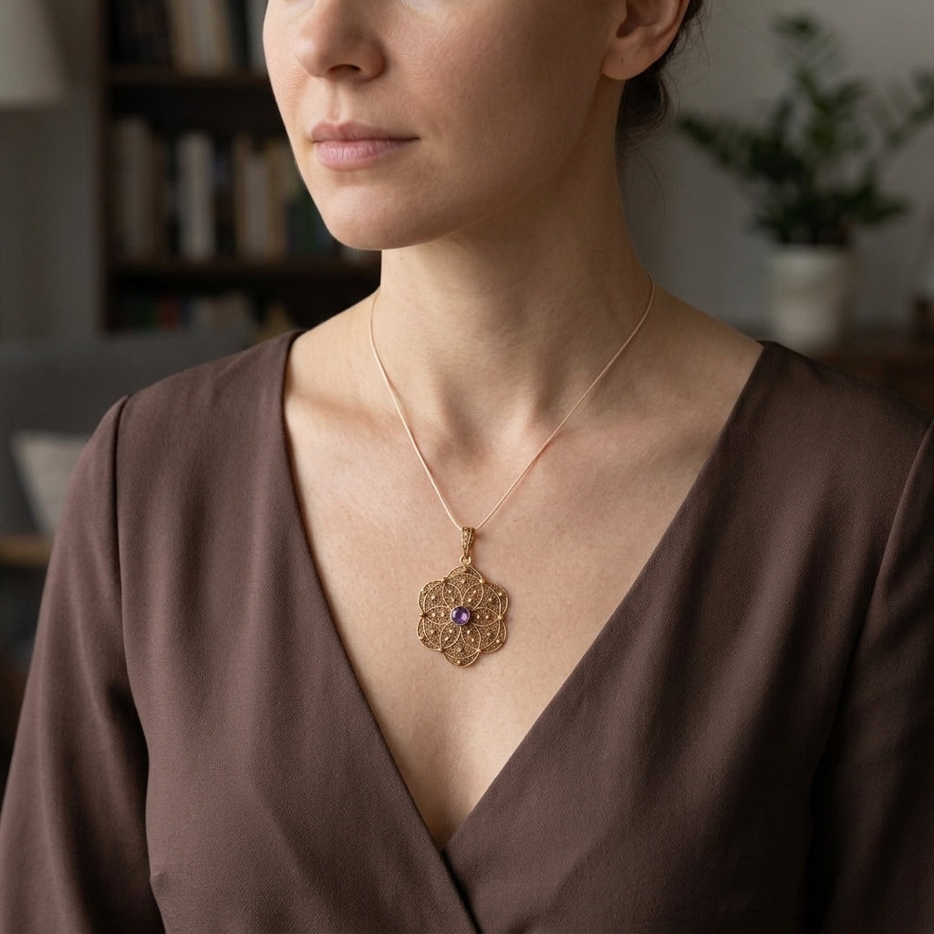 Jugendstil Anhänger in 585er Gelbgold mit einem Amethyst, an einer KI-generierten Frau