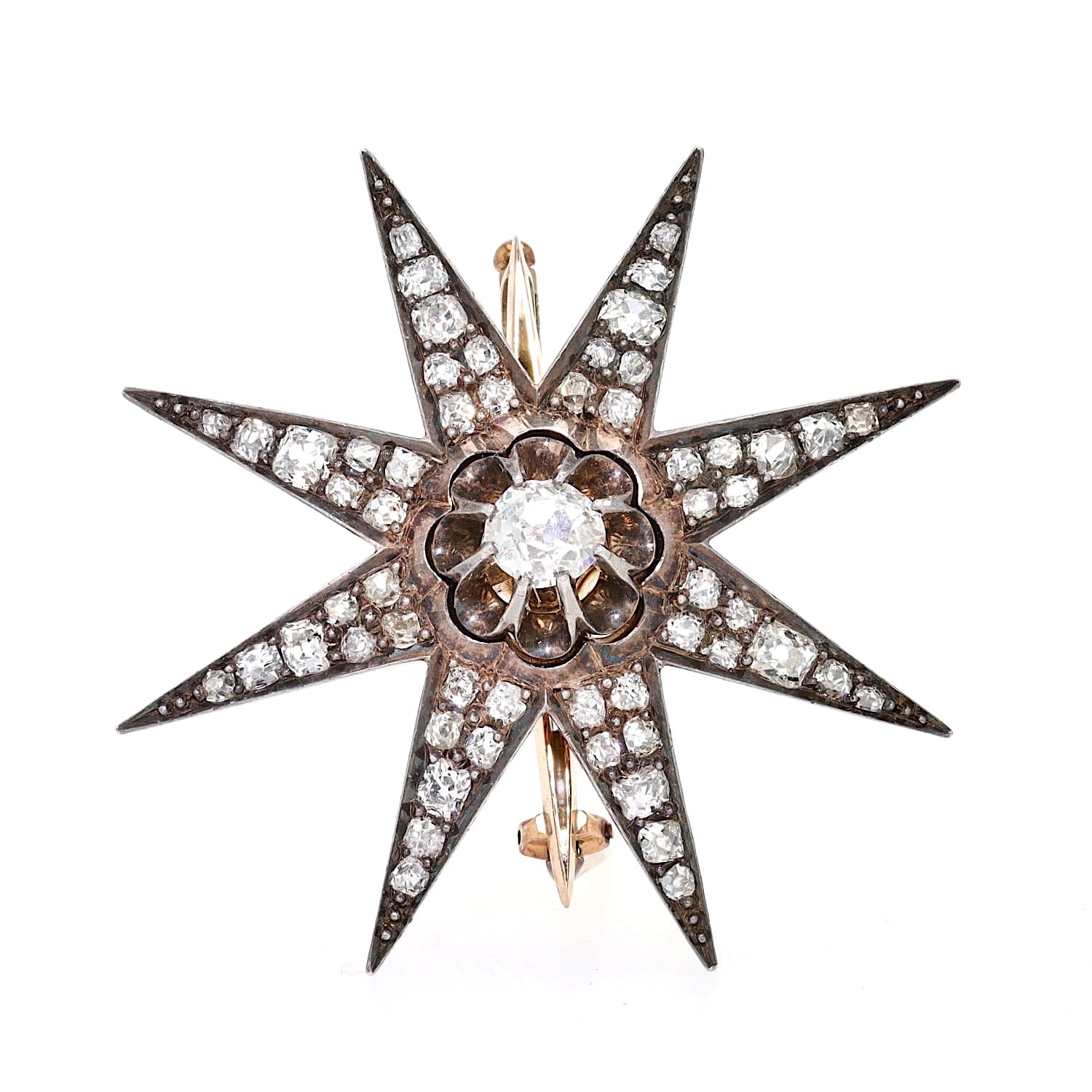Antike Brosche und Haarnadel um 1880 aus 585er Rotgold und Silber mit zwei Haarnadeln, Brosche stehend  Frontal von vorne
