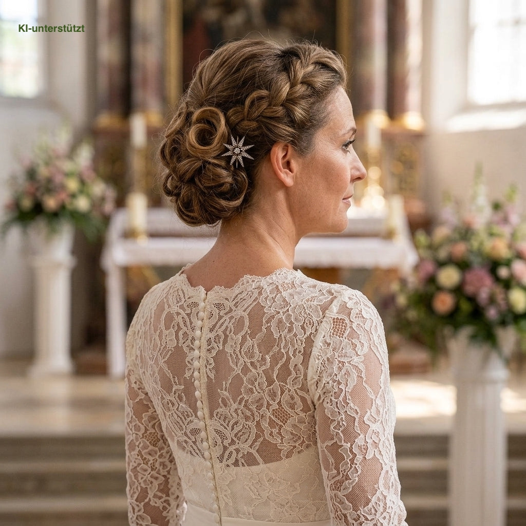 Antike Brosche und Haarnadel um 1880 aus 585er Rotgold und Silber mit zwei Haarnadeln, im Haar einer KI-generierten Frau im Brautkleid