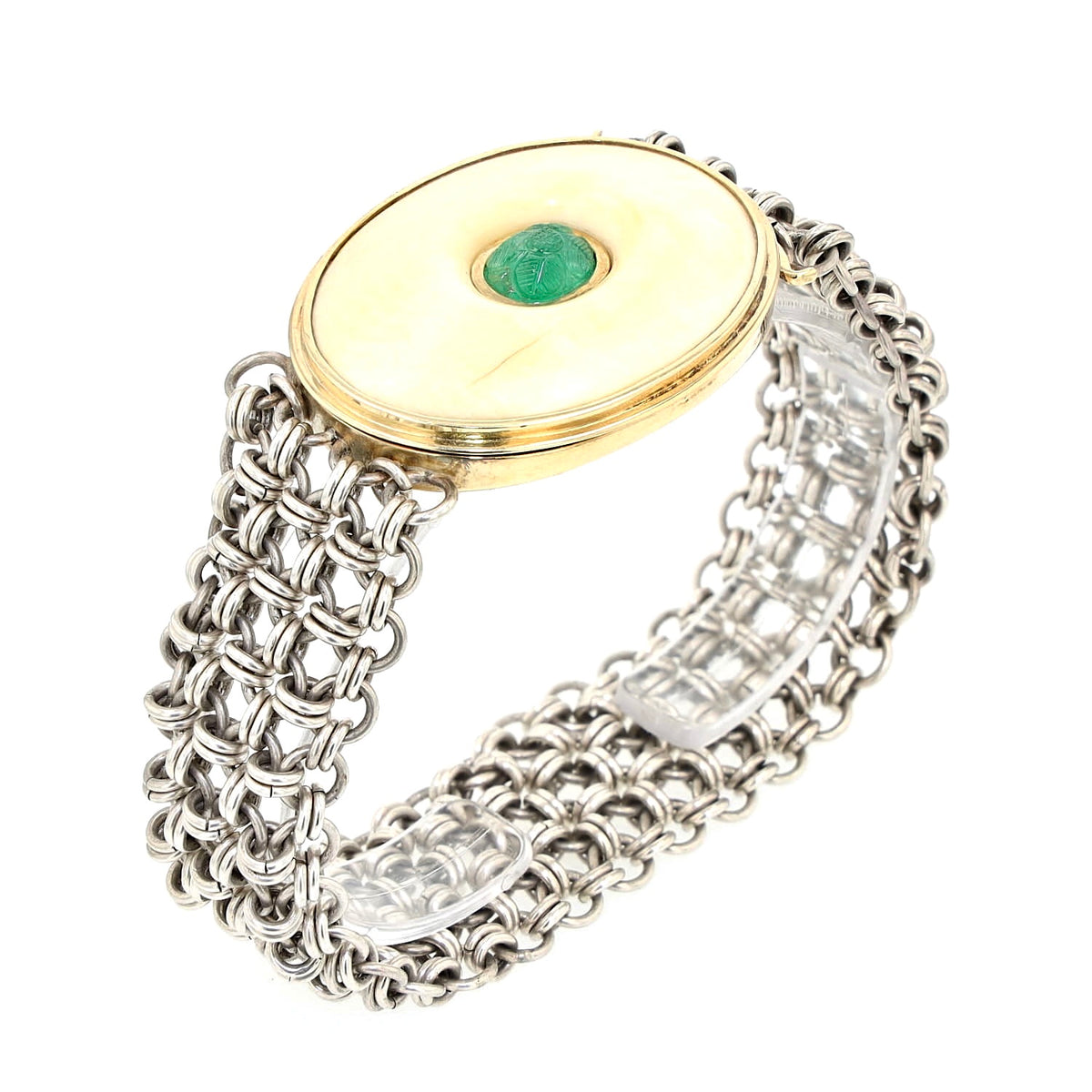 Vintage Armband aus Silber, 750er Weiß- und Gelbgold sowie einer Platte aus Bein mit einem gravierten Smaragd, stehend geschlossen