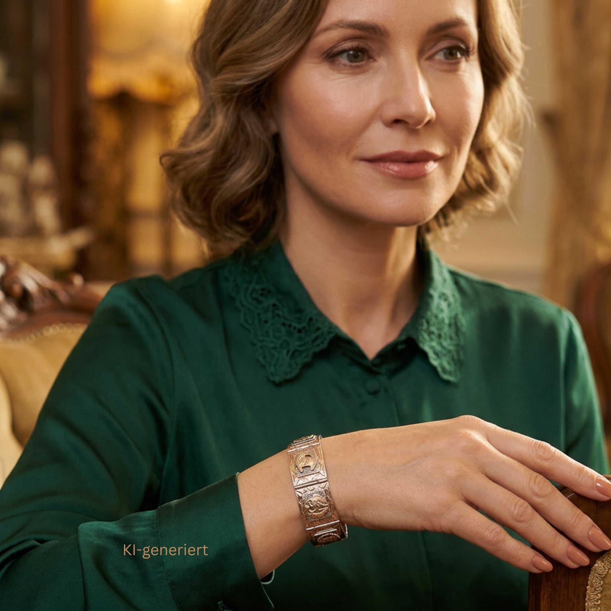 Ausgefallenes Vintage Armband in Silber und Gold, am Handgelenk einer KI-generierten Frau mit grüner Bluse