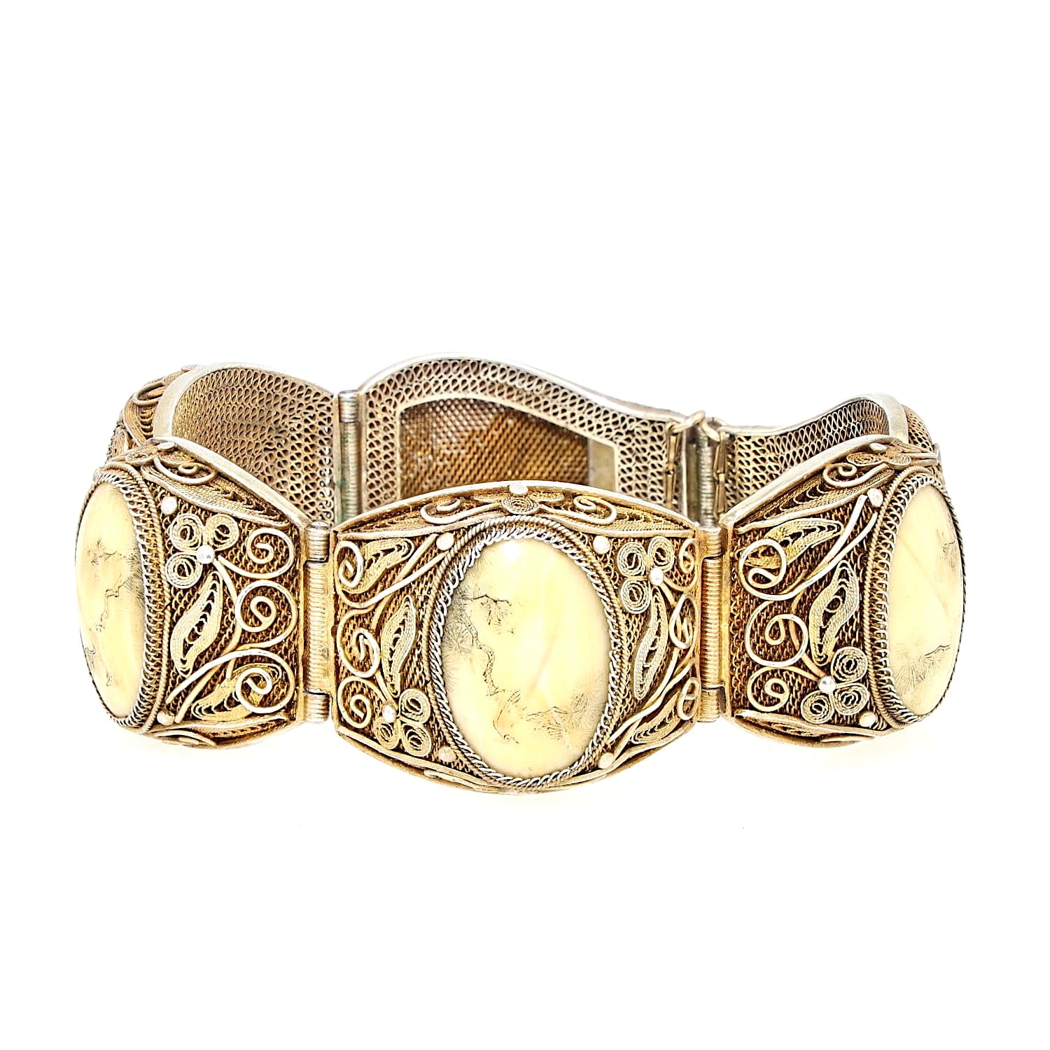 Chinese bracelet from around 1900 in silver, gold-plated with bone, lying closed and slightly turned to the left