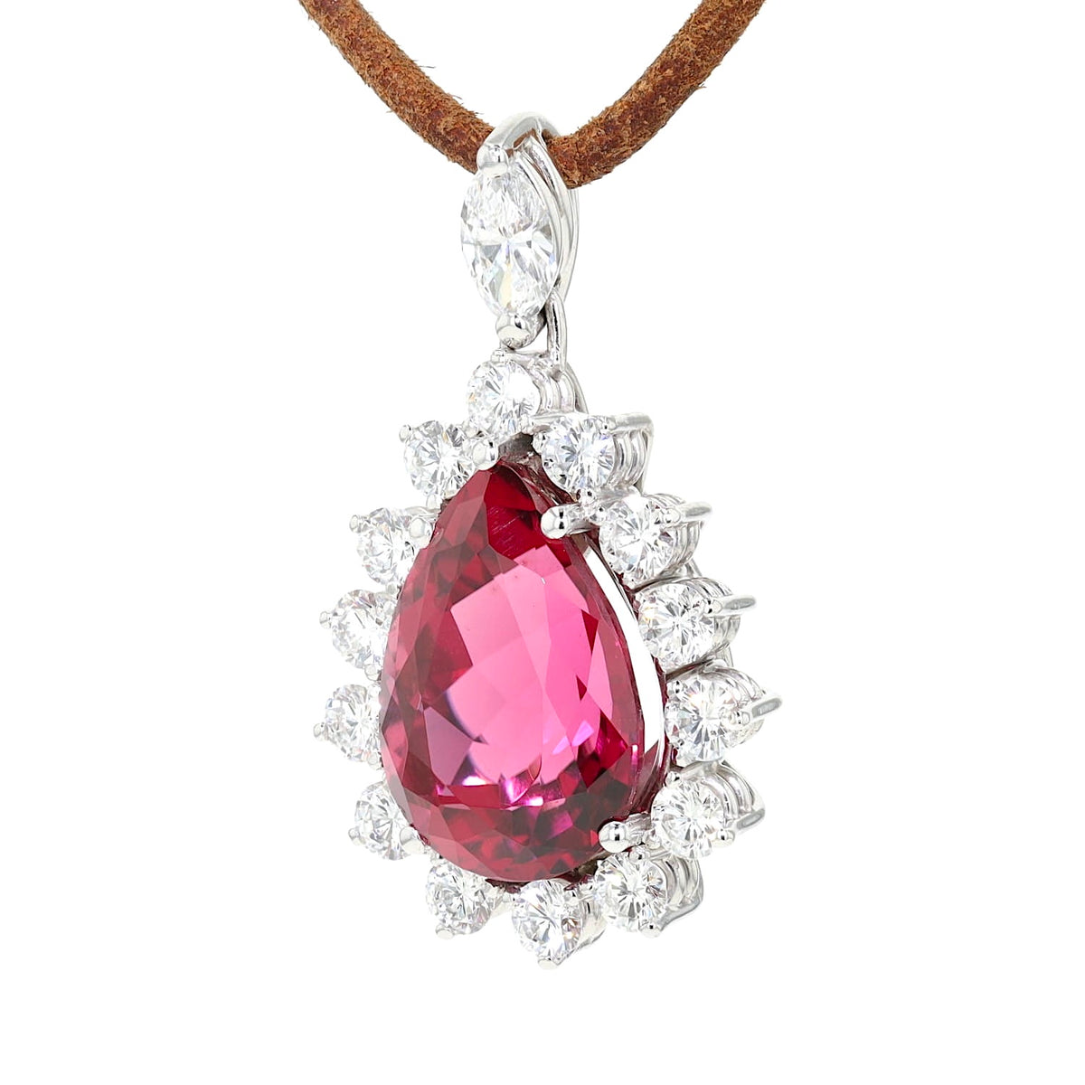Pendant in 750 white gold with a rubellite, Brilliants and a diamond, hanging slightly turned to the left