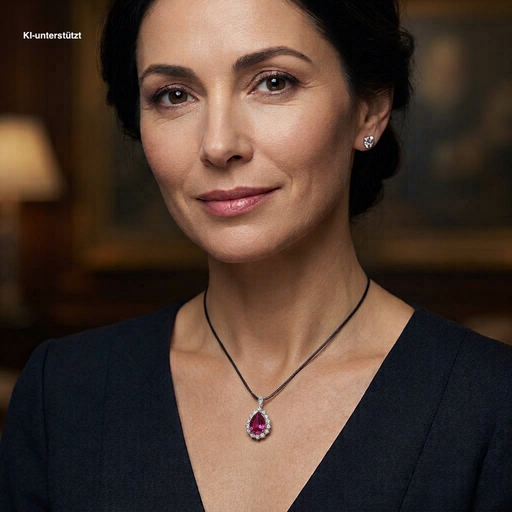 Pendant in 750 white gold with a rubellite, Brilliants and a diamond, on an AI-generated woman