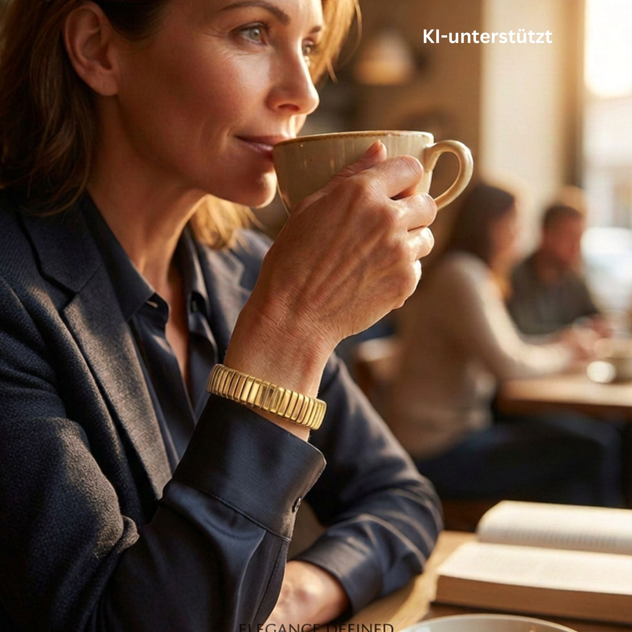 BVLGARI Tubogas bangle in 18k yellow gold, on the wrist of an AI-generated woman
