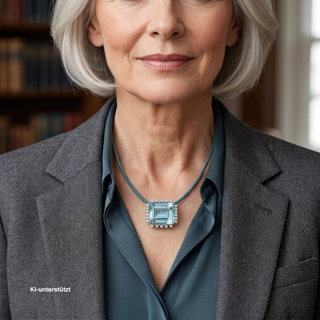 Pendant in 585 white gold with a 25 ct aquamarine and Brilliants, on an AI-generated woman