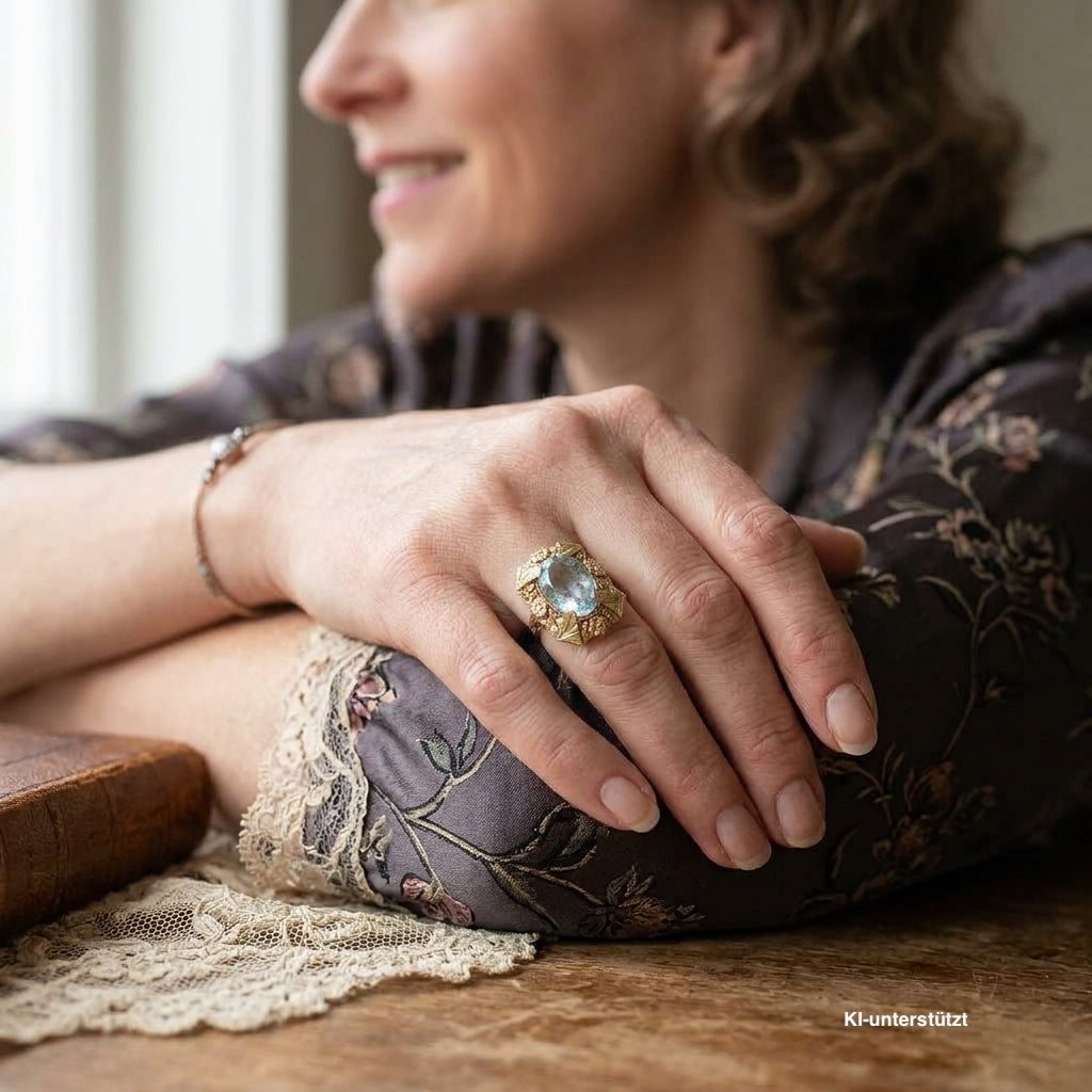Art Nouveau ring in 585 yellow gold with an aquamarine with approx. 9.1 ct, on an AI-generated woman's hand